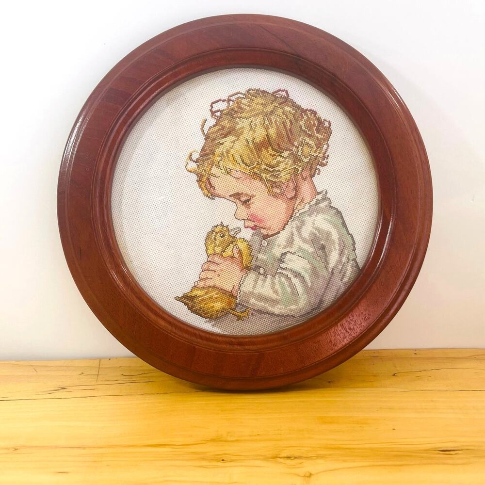 Vtg Cross Stitch Needlepoint MY BABY DUCK Framed Wall Art Nursery Decor Baby